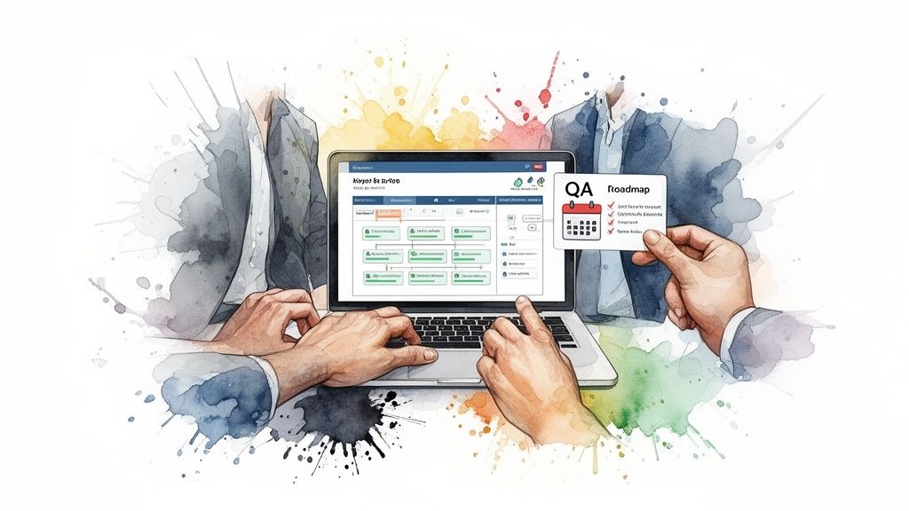 Watercolor illustration of people collaborating on a laptop displaying a software interface and a QA roadmap card.