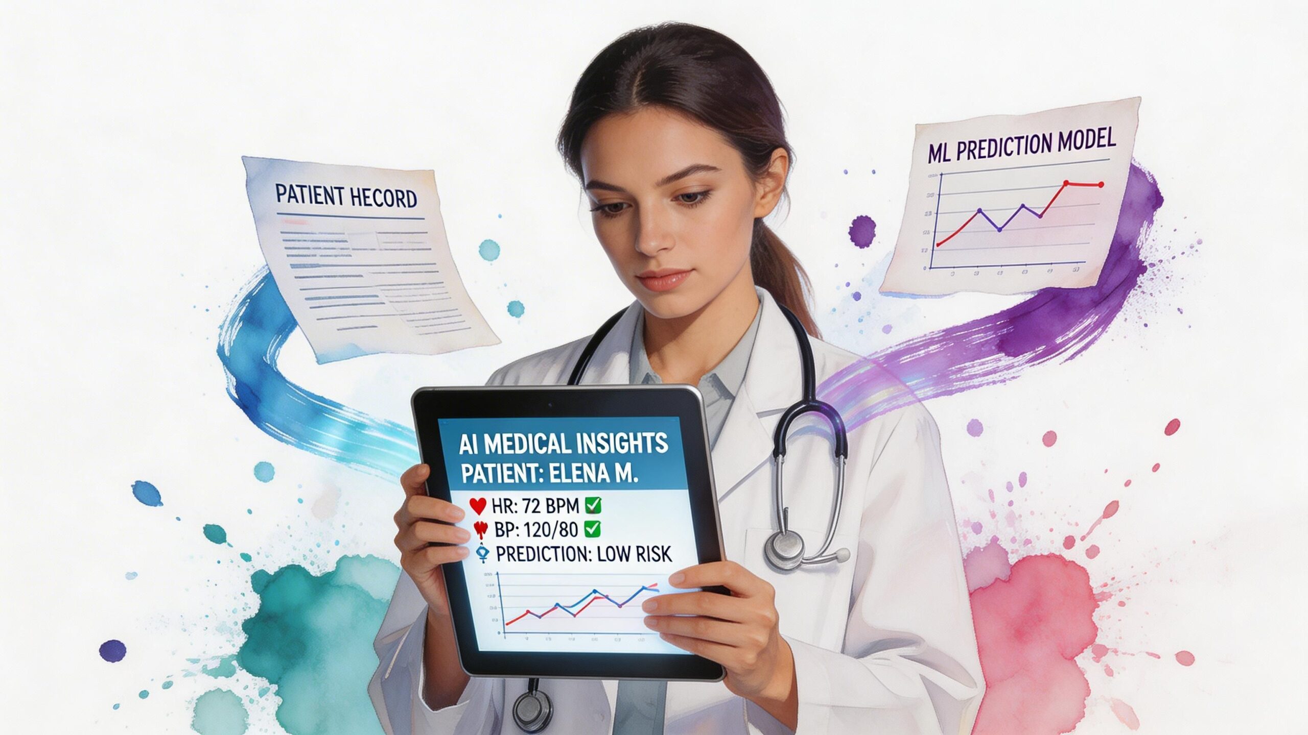 A female doctor reviewing AI-driven medical data on a tablet with patient records and prediction models floating.