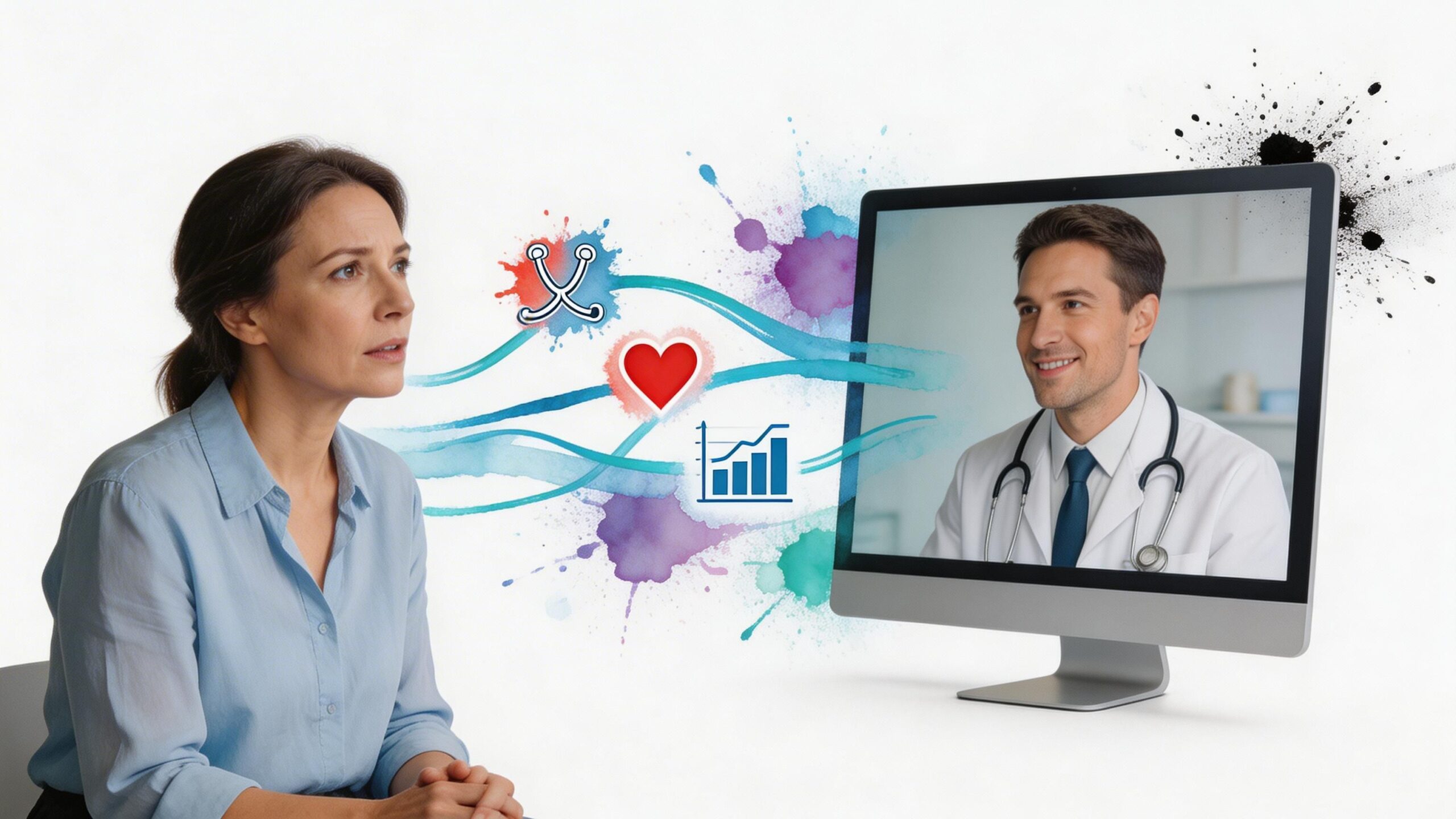 A woman looks at a computer screen during a virtual medical consultation with a professional doctor.