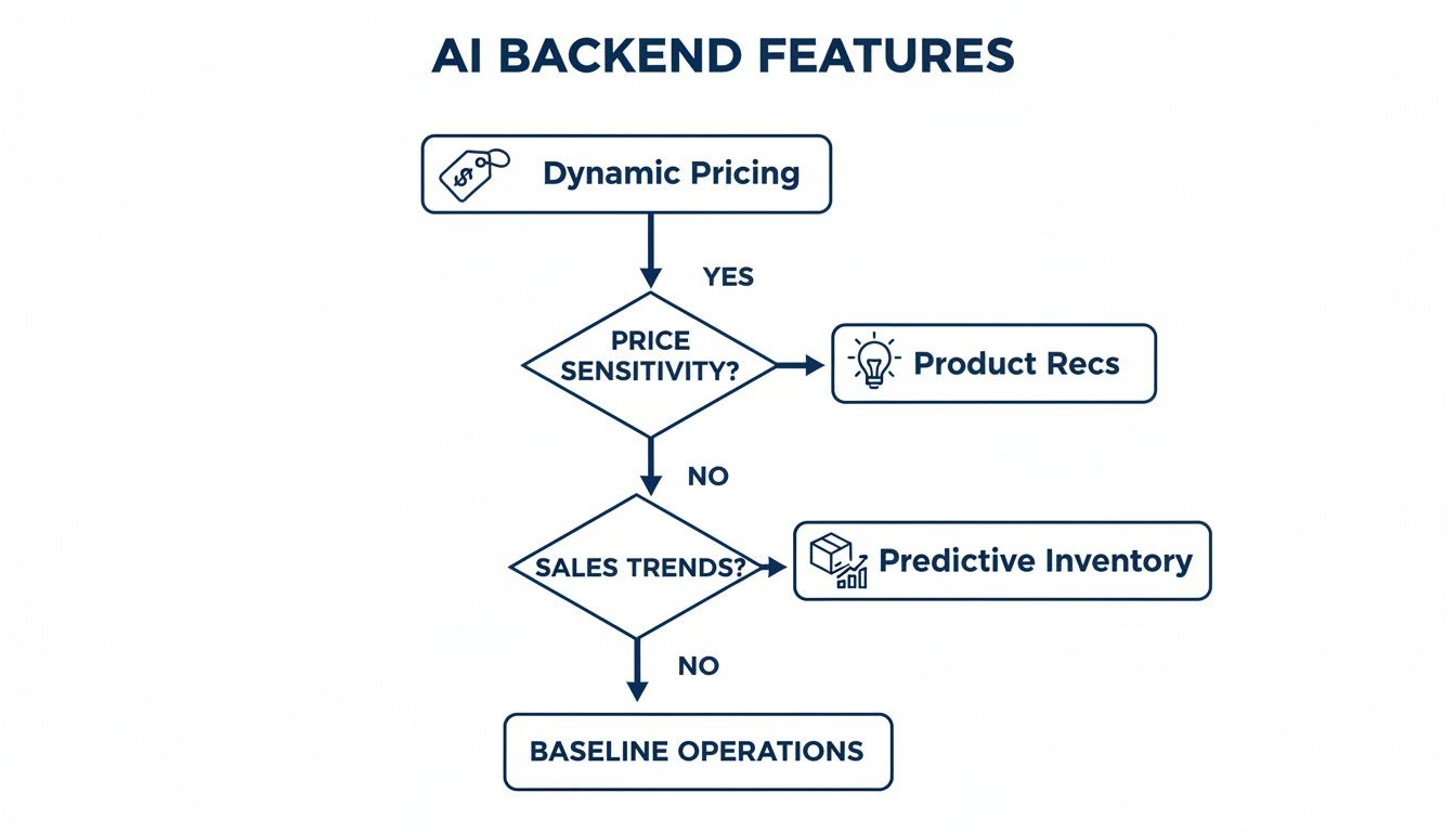 Flowchart illustrating AI backend features: Dynamic Pricing, Price Sensitivity leading to Product Recs, Sales Trends leading to Predictive Inventory, and Baseline Operations.