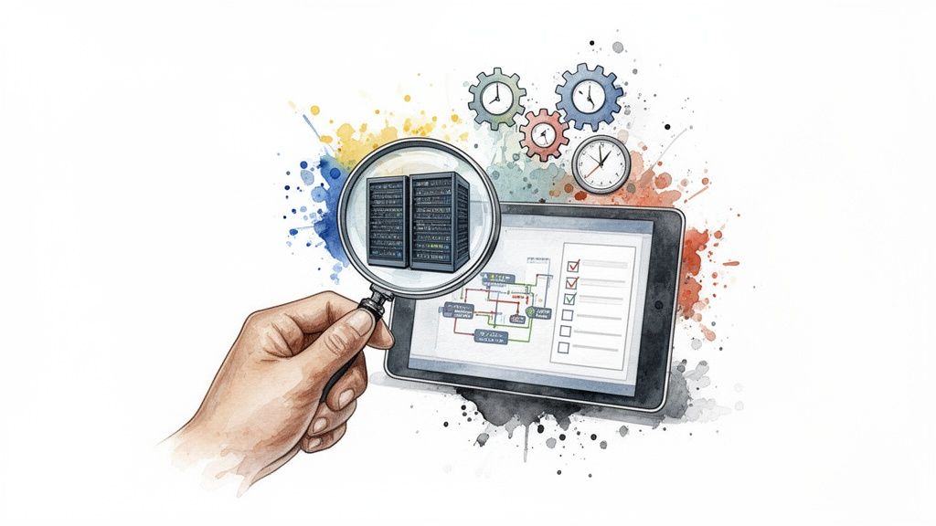 A hand magnifies server racks, alongside a tablet displaying a process flowchart and gears, representing system analysis.