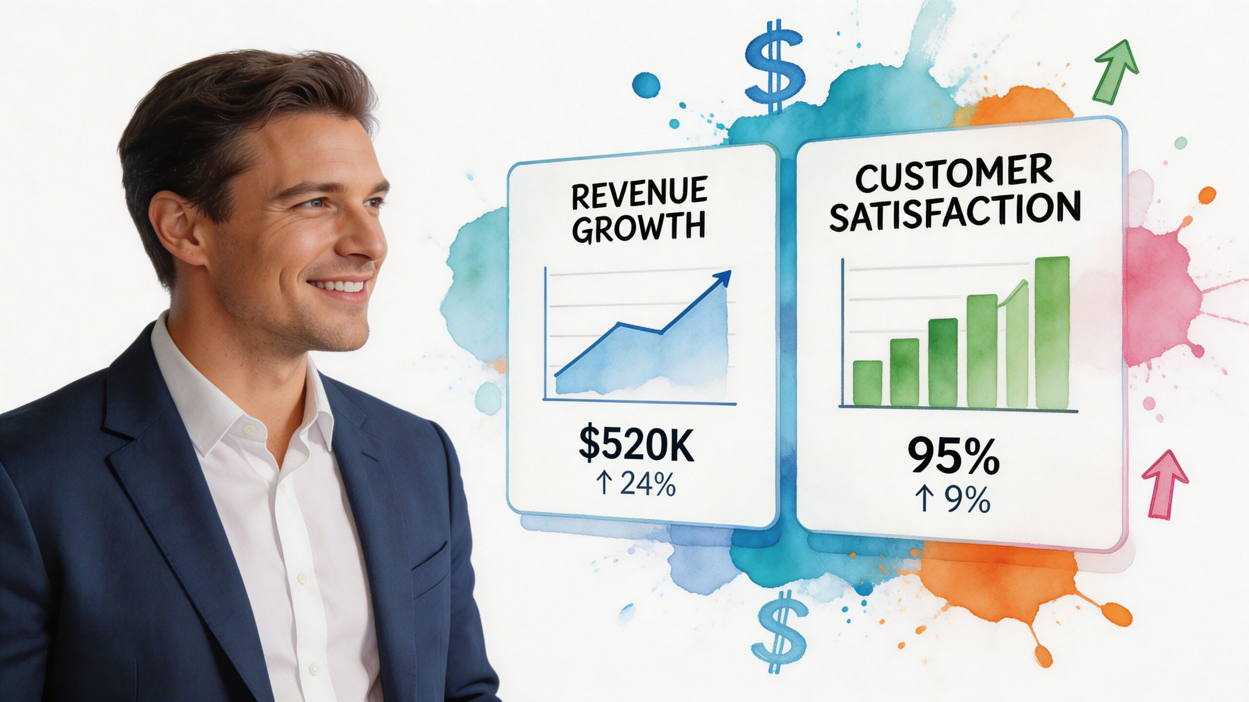 A professional man looking at business charts displaying revenue growth and customer satisfaction metrics on a screen.