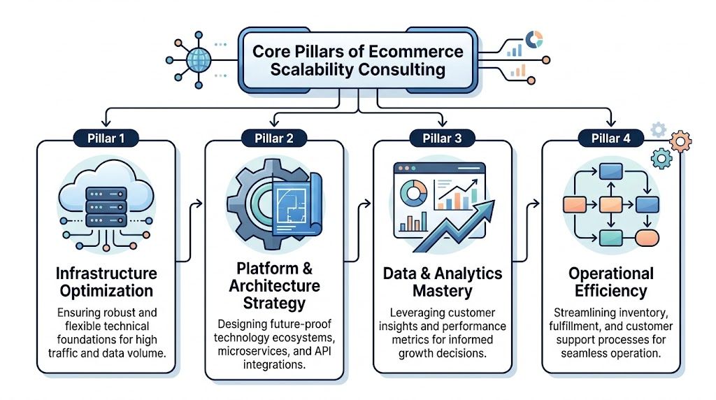 A diagram outlining the four core pillars of ecommerce scalability consulting, including infrastructure, architecture, data, and operations.