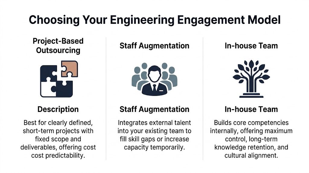 A comparison chart outlining three engineering engagement models: Project-Based Outsourcing, Staff Augmentation, and In-house Team structures.