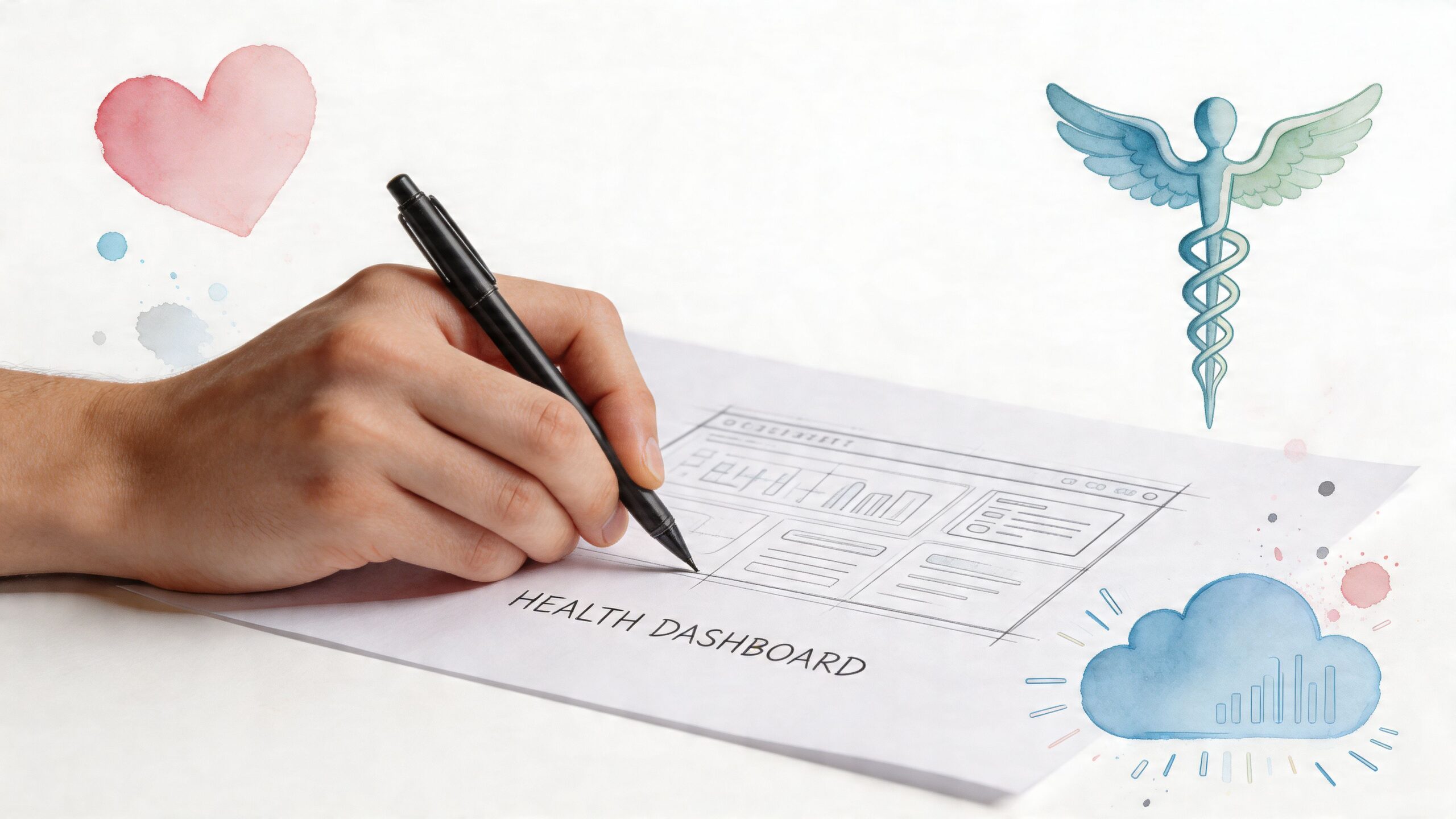 A hand drawing a health dashboard website mockup on white paper with medical symbols nearby.