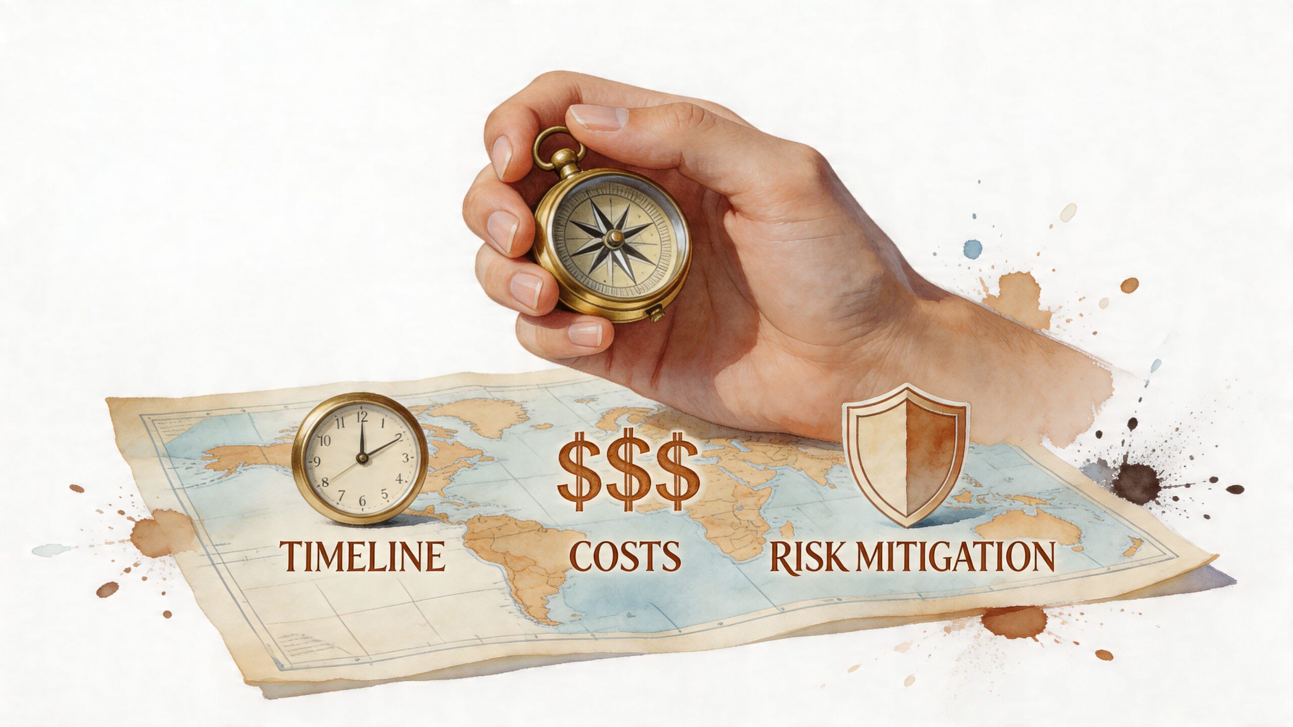A hand holding a compass over a map with symbols for timeline, costs, and risk mitigation.