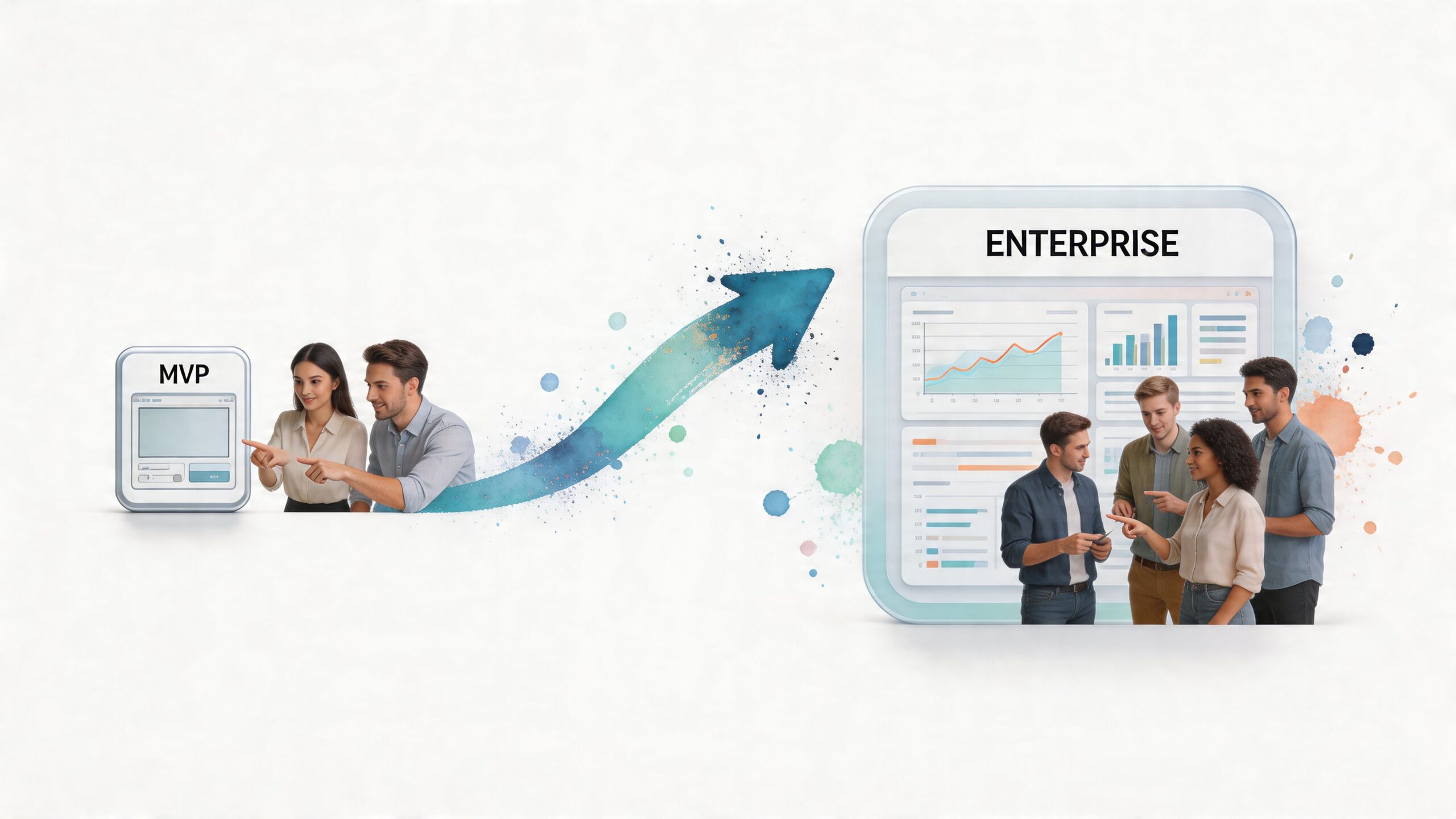 A conceptual illustration showing business teams evolving from a simple MVP product to a complex enterprise software solution.