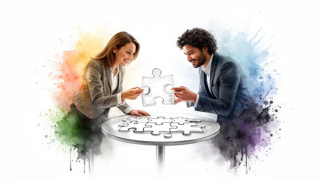 Two smiling professionals collaborating on a puzzle, symbolizing teamwork, problem-solving, and digital transformation.