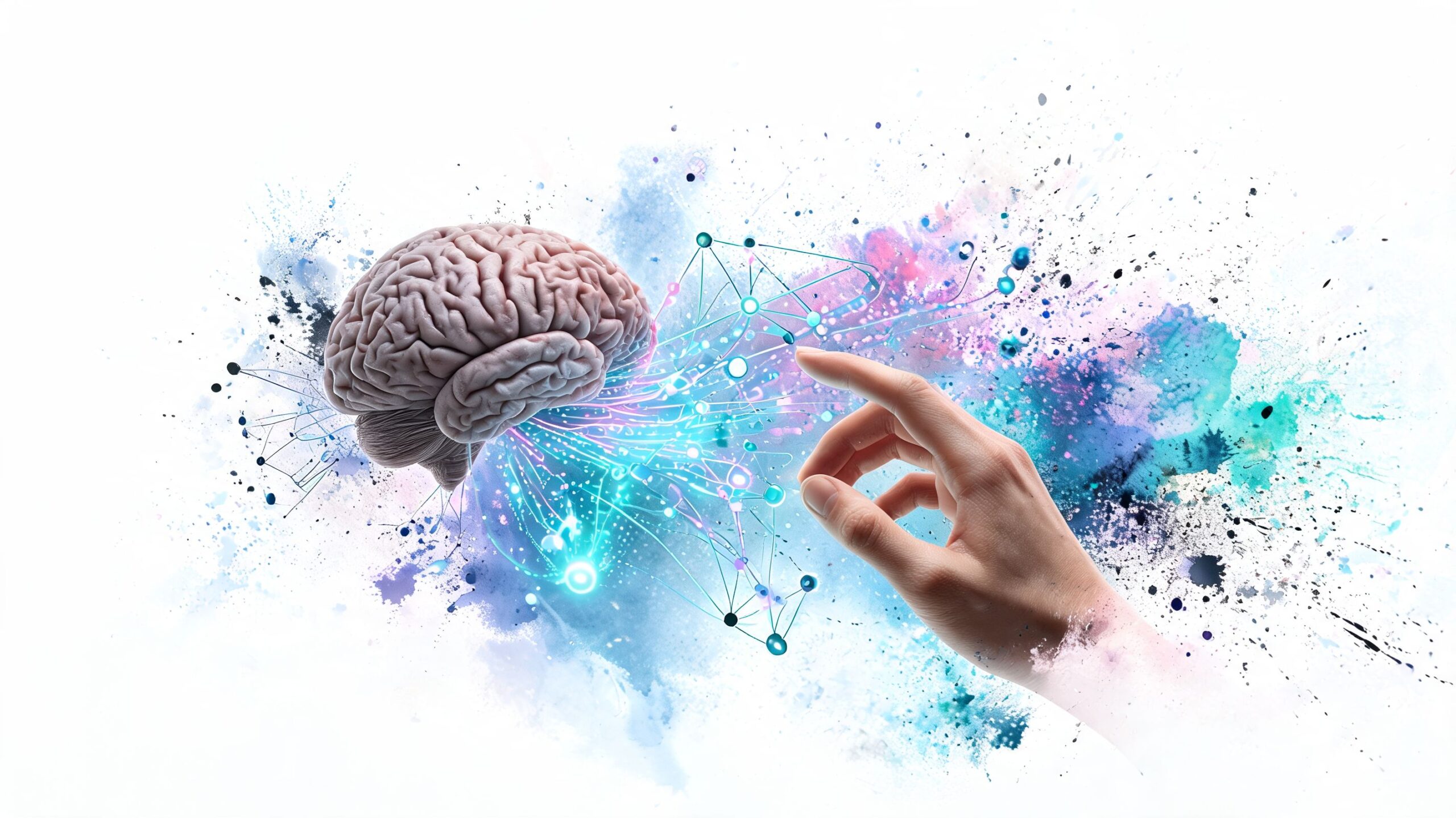 A conceptual illustration of a human brain connected to digital neural networks controlled by a hand.