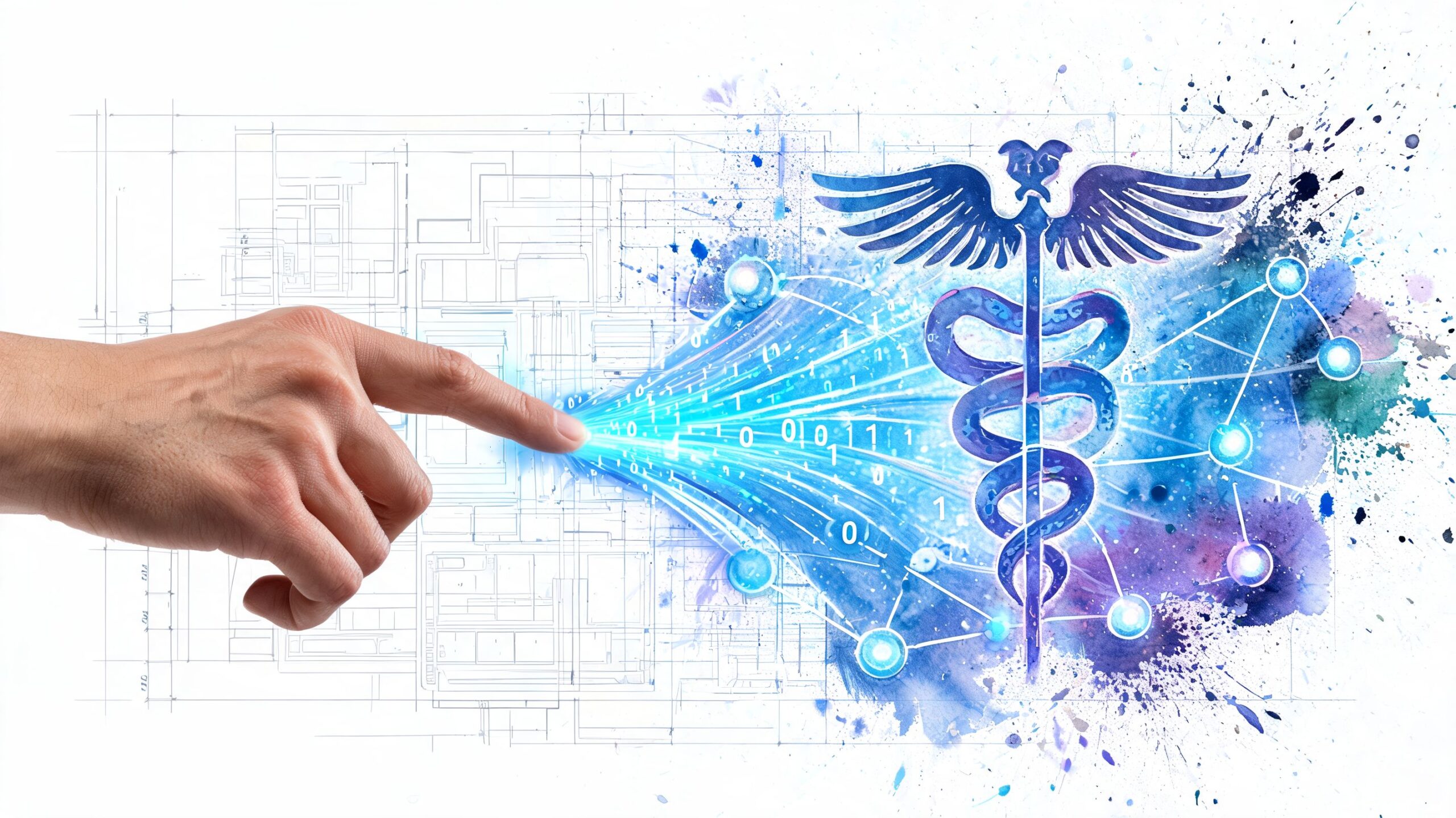 A hand touches a digital interface displaying a medical caduceus symbol integrated with data streams and architecture.