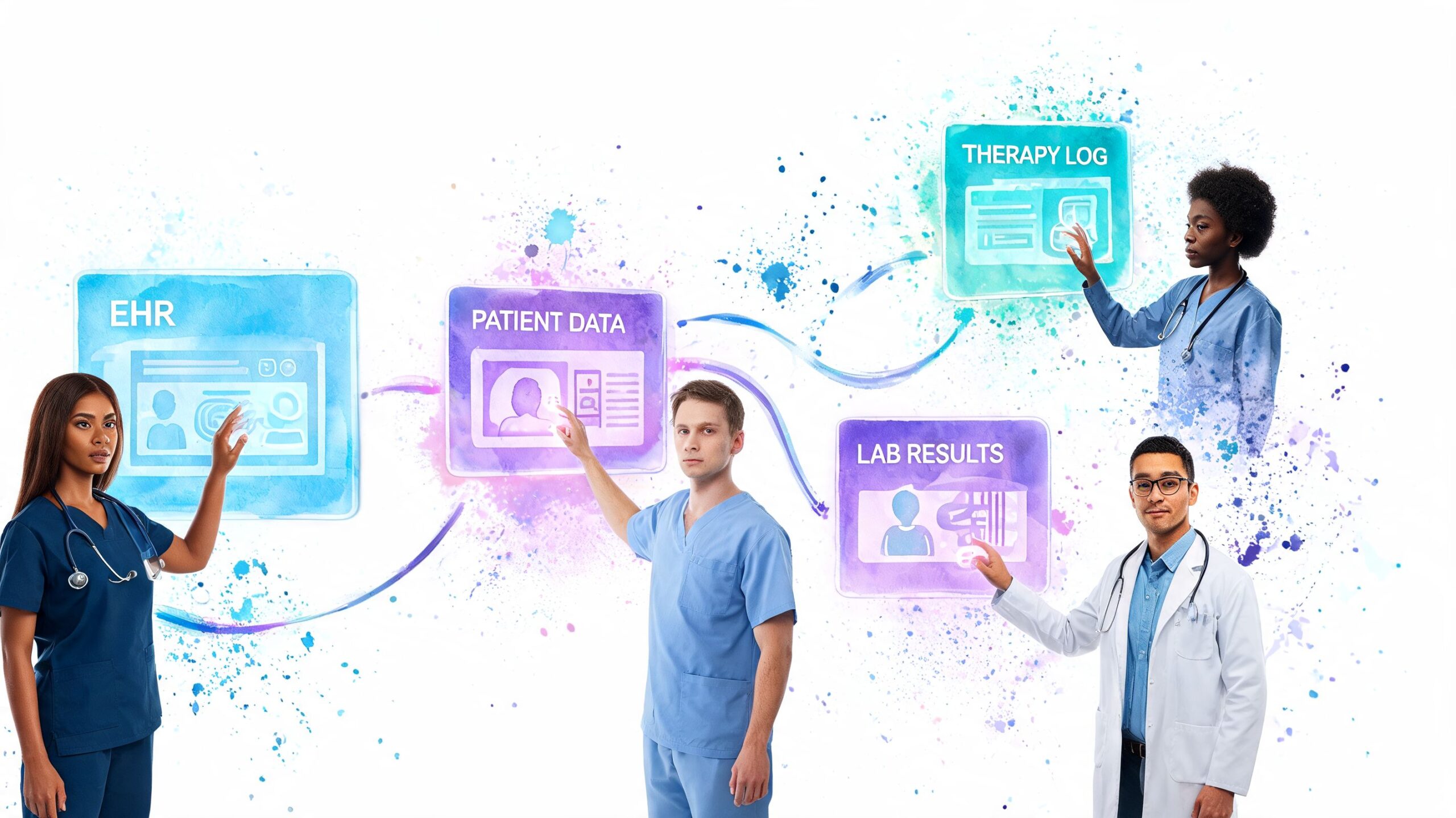 A team of medical professionals interacting with digital healthcare data icons illustrating an enterprise healthtech platform concept.