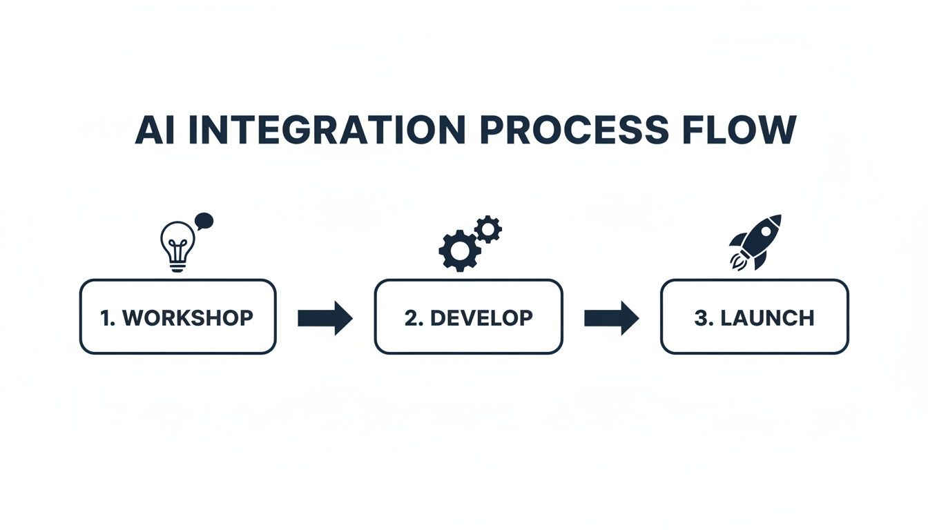 Flowchart showing a three-step AI integration process: 1. Workshop, 2. Develop, 3. Launch, with icons.