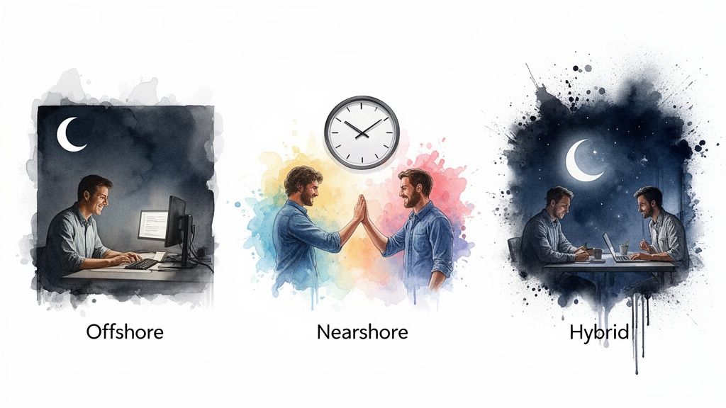 Illustration of global engineering partnership models: offshore, nearshore, and hybrid work setups.