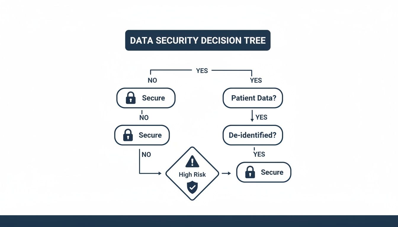 A data security decision tree flowchart outlining steps for data protection, identifying secure data, patient data, and high-risk scenarios.