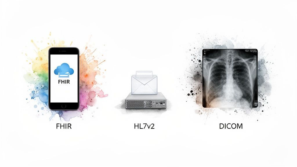 Visual representation of healthcare data standards: FHIR on a smartphone, HL7v2 on a server, and DICOM chest X-ray.
