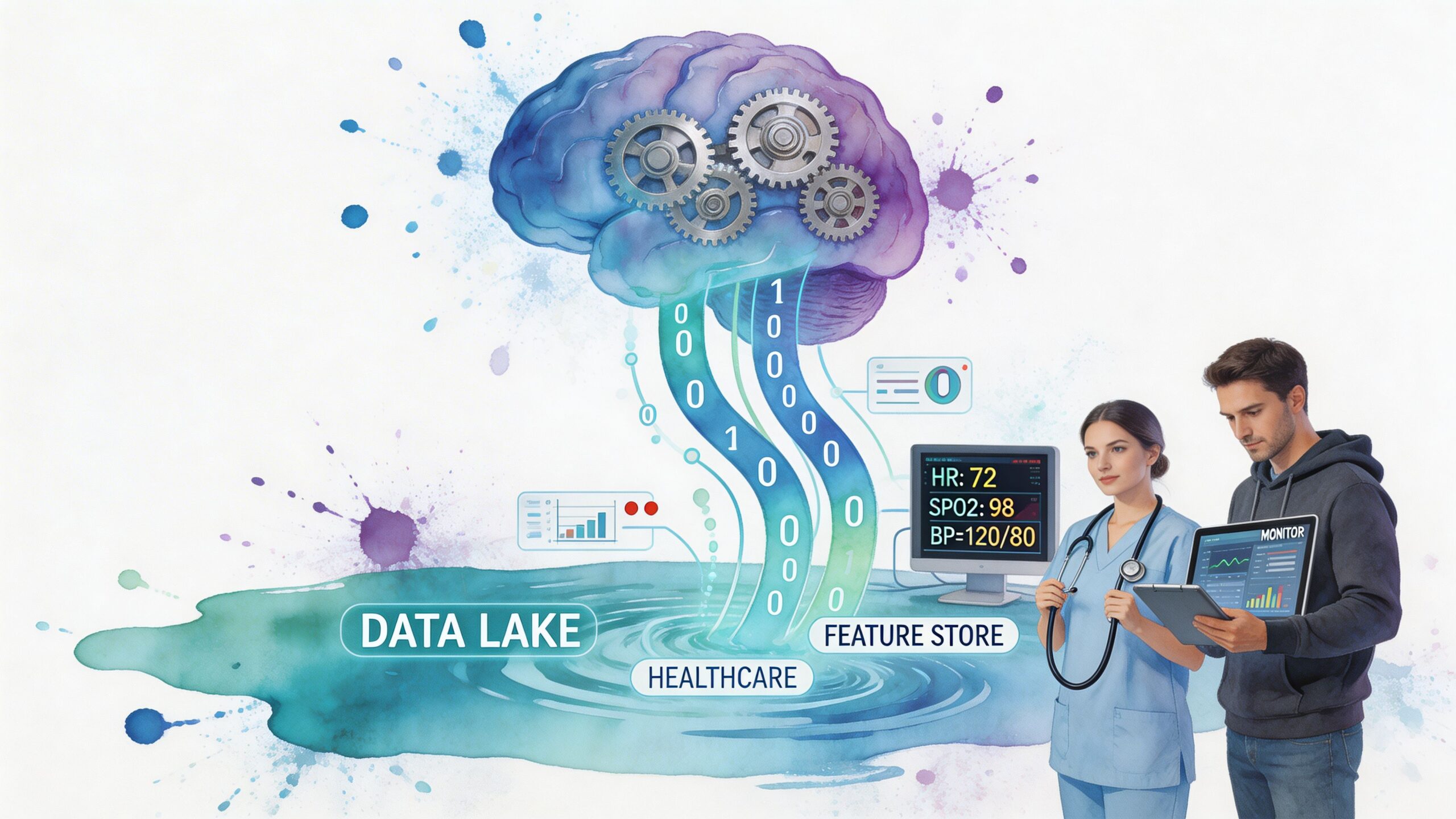 A healthcare professional and a data analyst observing data flow from a digital brain into a lake.
