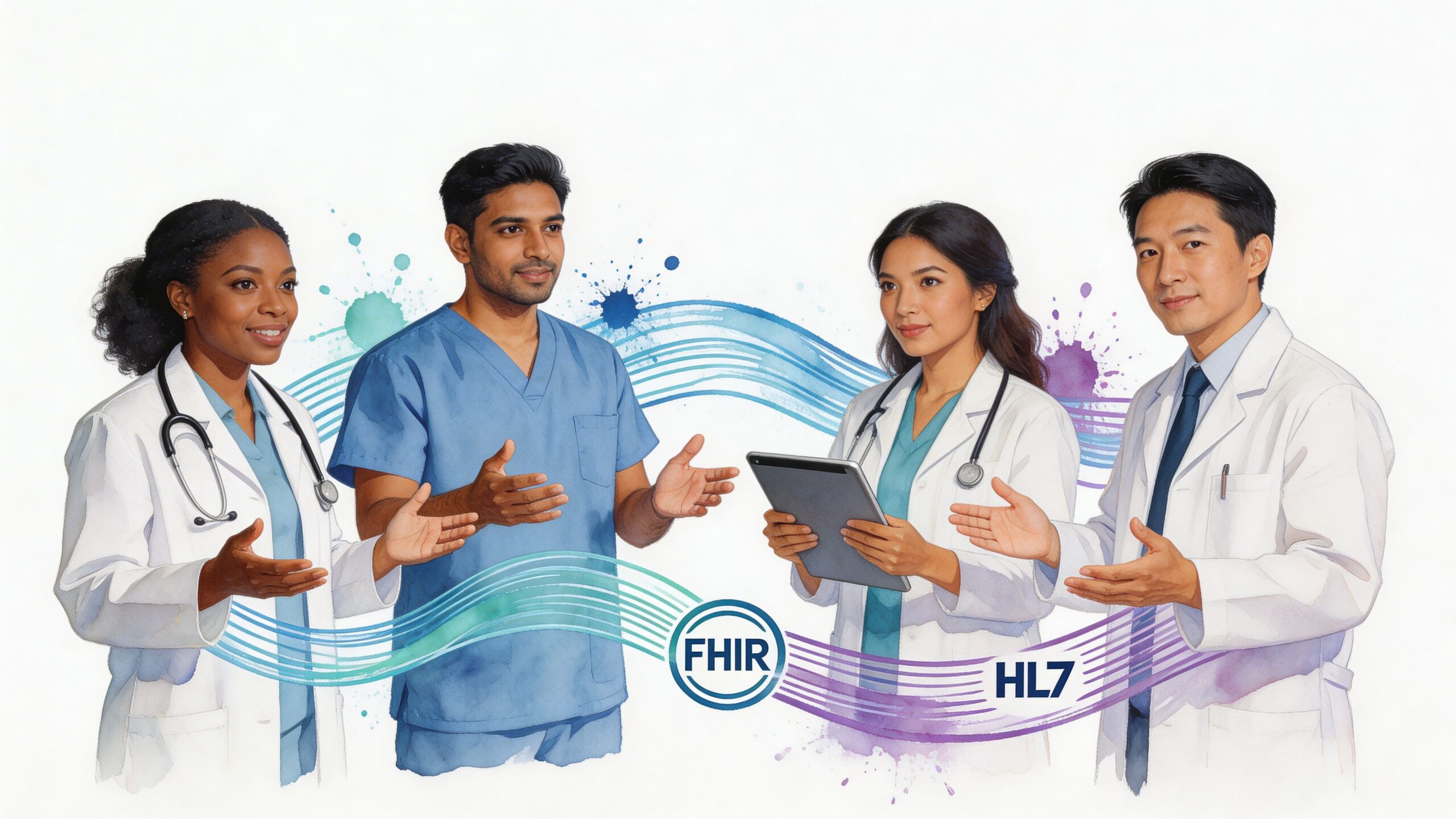 A team of diverse medical professionals collaborating while discussing healthcare cloud platform development and digital health standards.
