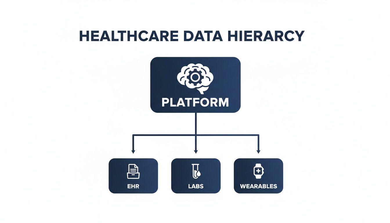 Diagram illustrating healthcare data hierarchy: EHR, Labs, and Wearables data feeding into a central Platform.