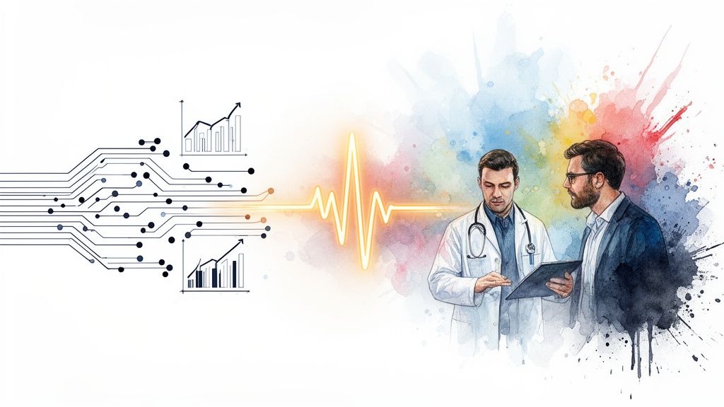 Doctor and businessman collaborating with digital data, an ECG heart rhythm, and tech graphics for healthcare innovation.