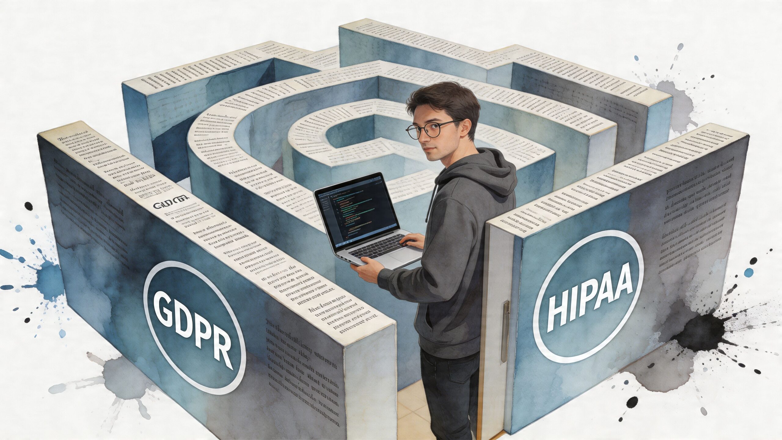 A young programmer standing inside a complex regulatory maze labeled with GDPR and HIPAA data privacy regulations.