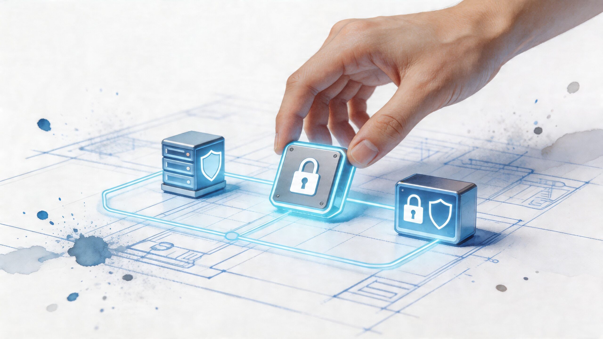 A hand placing a digital security lock icon onto a blueprint representing secure healthcare data privacy software.