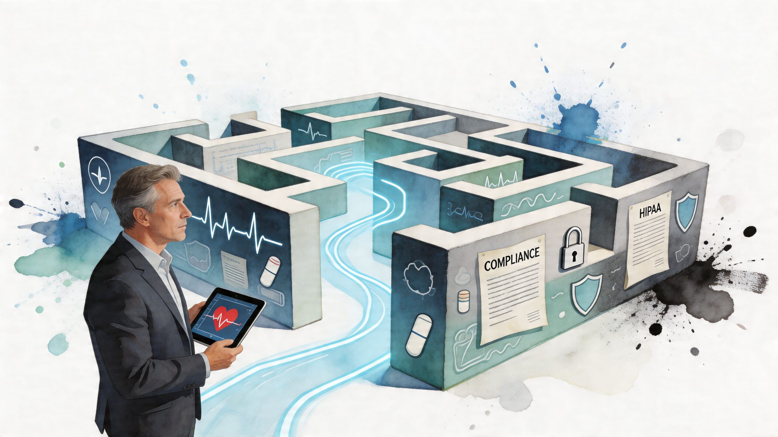 A professional man holding a tablet analyzes a complex healthcare maze representing DevOps and regulatory compliance infrastructure.