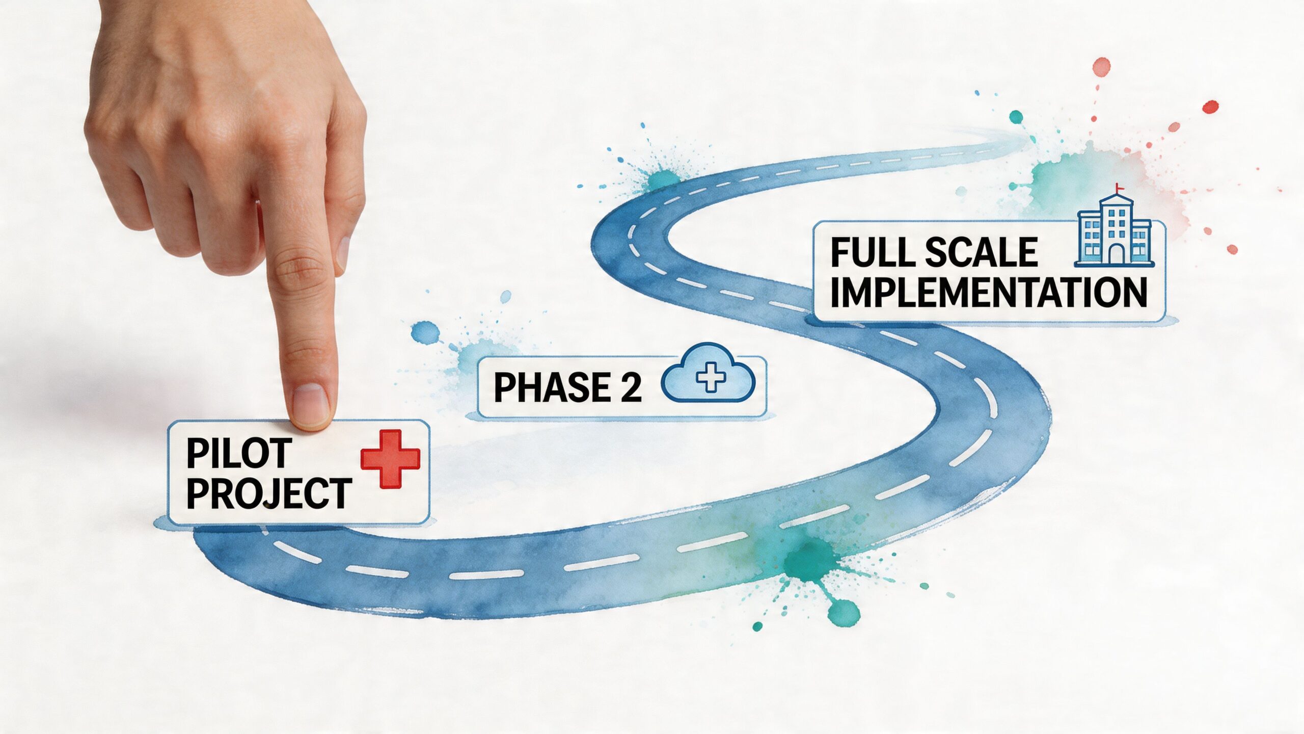 A hand pointing to a road map graphic illustrating healthcare DevOps stages from pilot to full implementation.