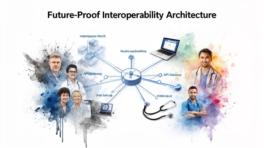 Diagram illustrating a future-proof interoperability architecture connecting various systems, devices, and healthcare professionals.