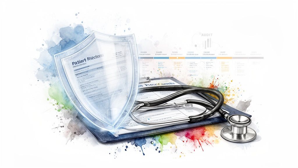 A transparent shield protecting a patient rights document, stethoscope, and clipboard, symbolizing healthcare data security.