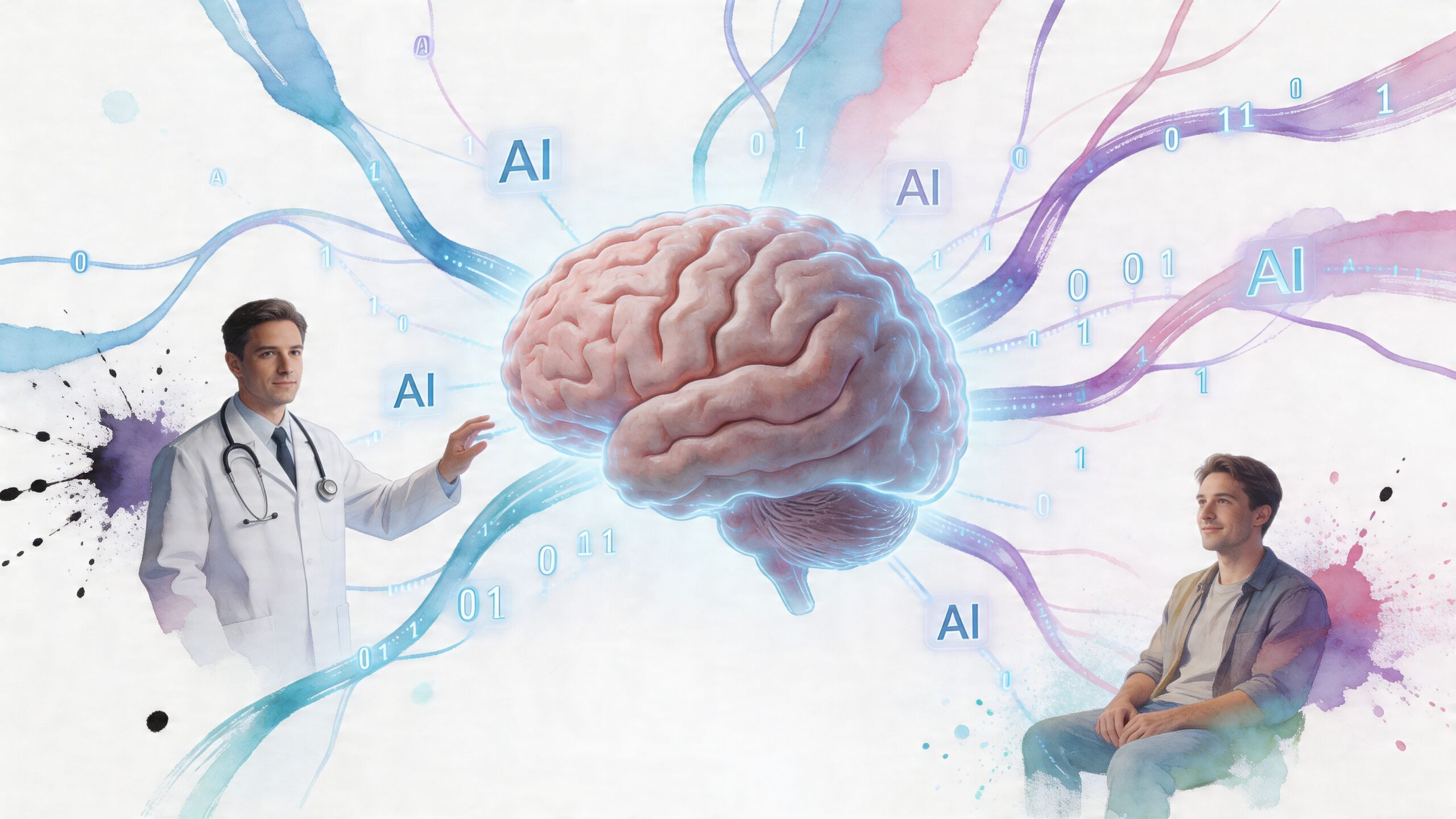 A doctor and a patient interacting with a digital human brain model representing AI healthcare solutions.