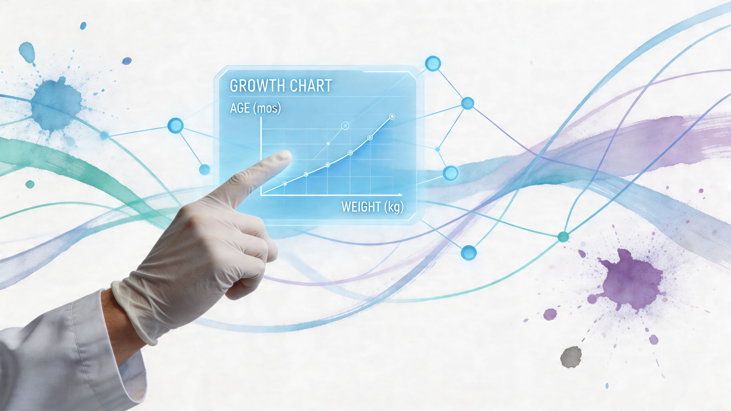 A gloved doctor touches a digital growth chart display representing modern healthcare technology and medical data analytics.