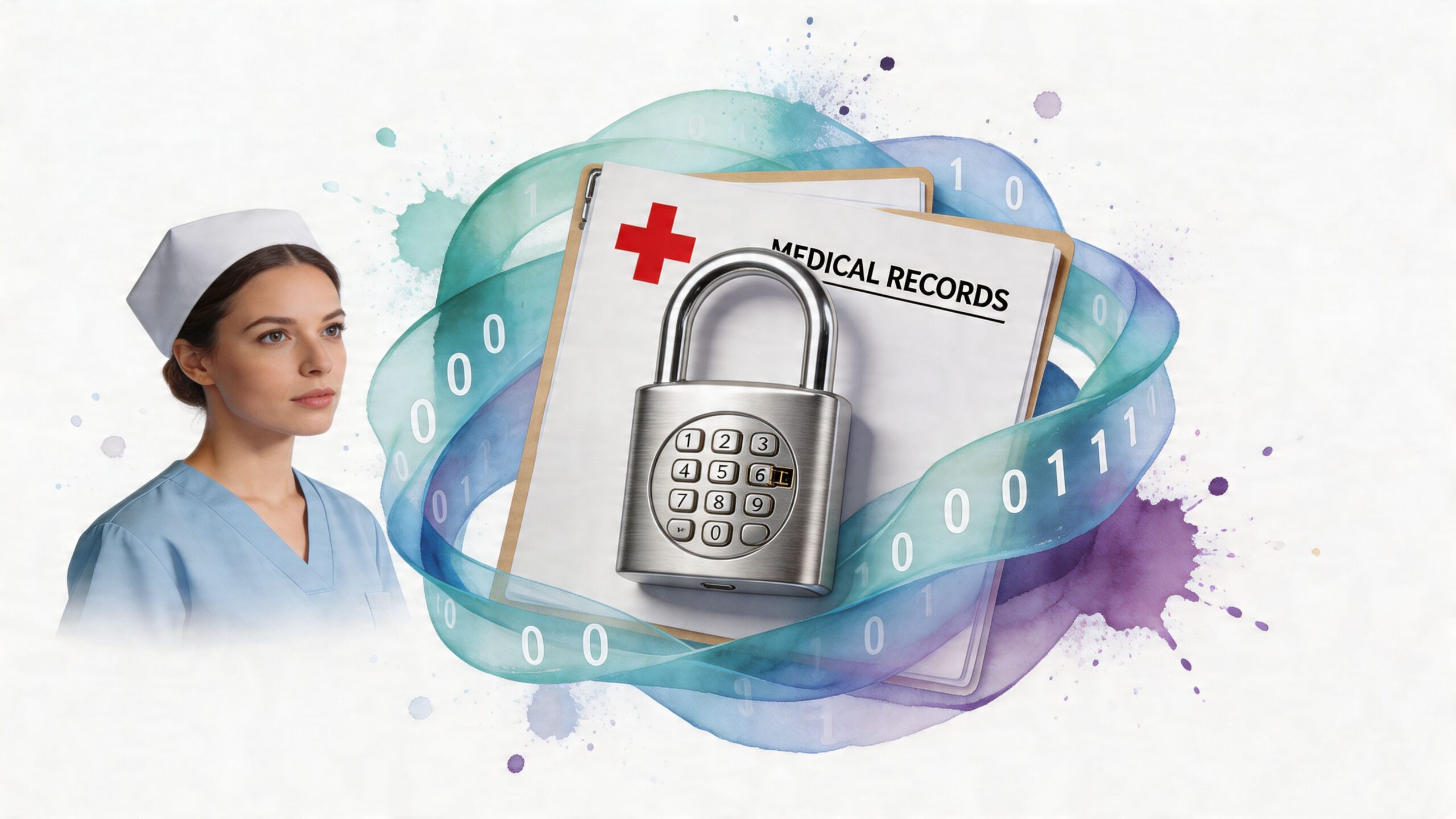 A nurse looking at a clipboard with medical records secured by a digital padlock surrounded by binary data.