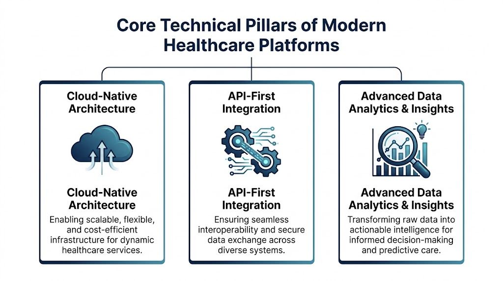 A diagram illustrating the three core technical pillars of modern healthcare platforms including architecture, integration, and analytics.