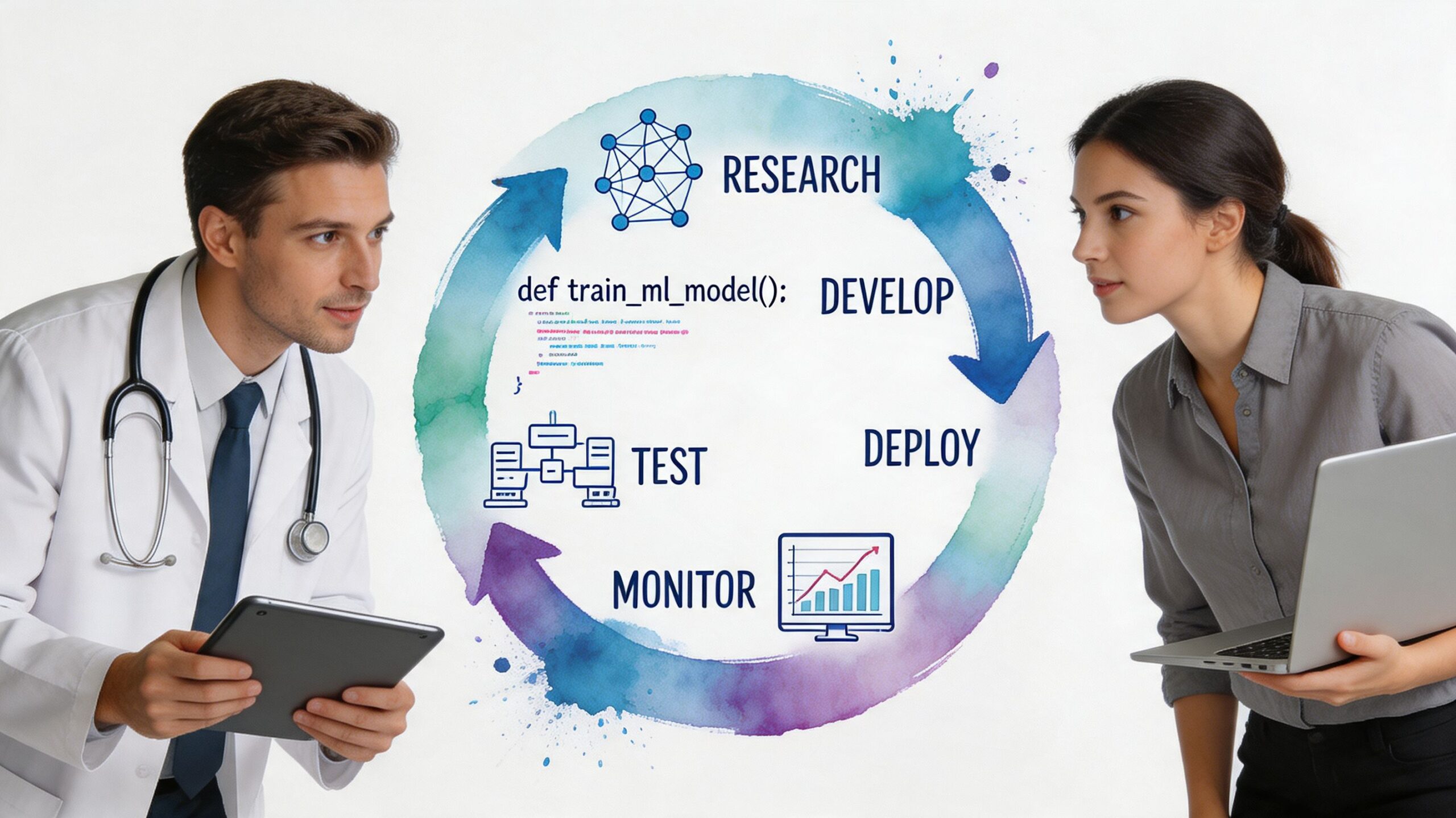 A doctor and a software engineer looking at a circular diagram illustrating the healthcare machine learning lifecycle.
