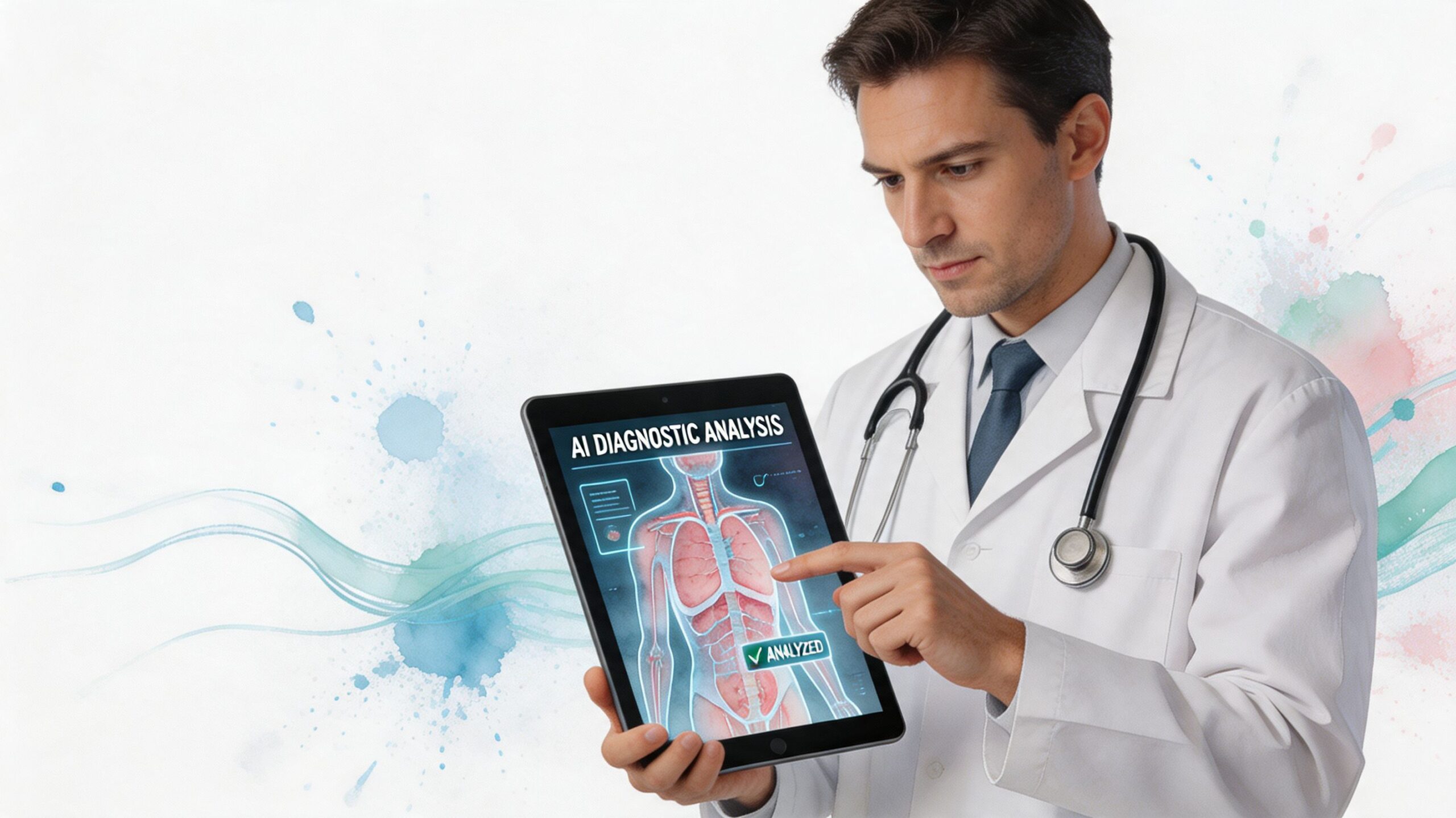 A doctor in a white coat uses a digital tablet to review AI-assisted human anatomy diagnostic results.