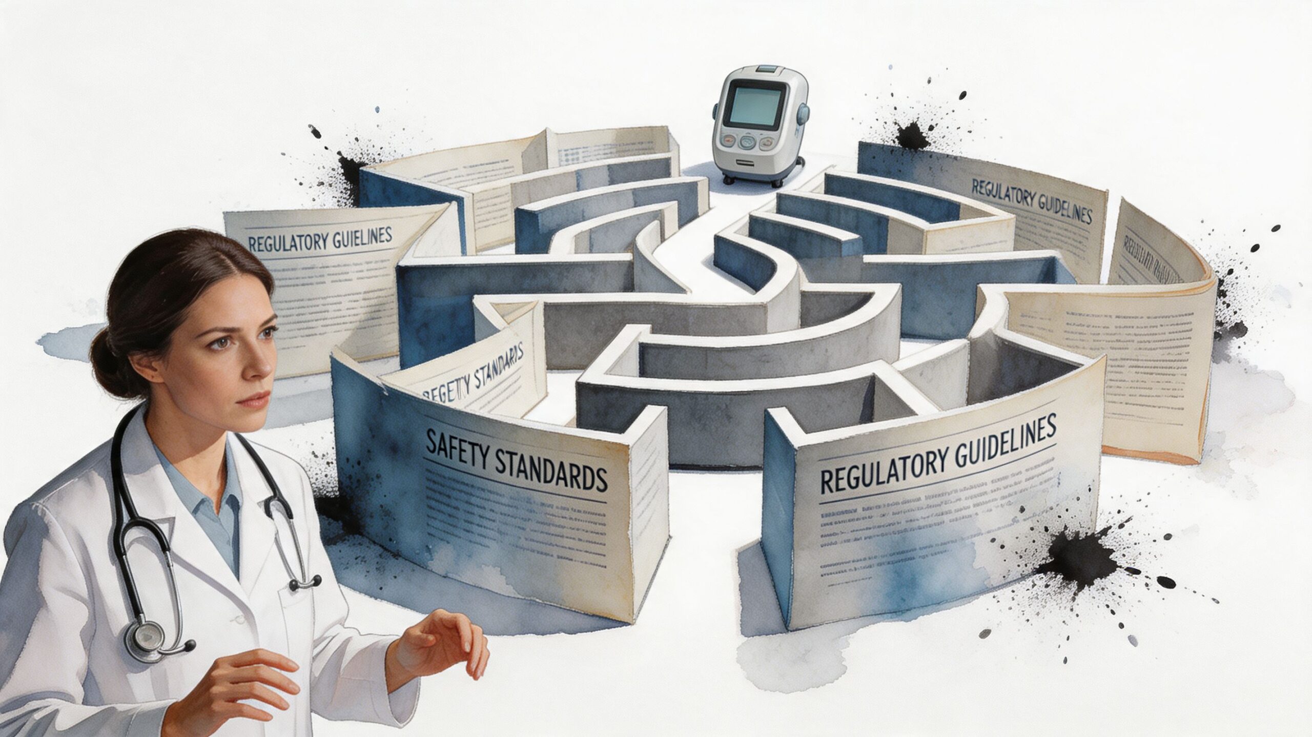 A female doctor looking at a medical device trapped within a complex maze of regulatory guidelines.