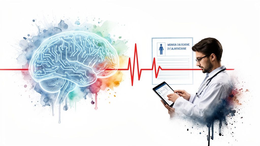 A doctor uses a tablet alongside a digital brain, a heartbeat line, and a patient record.