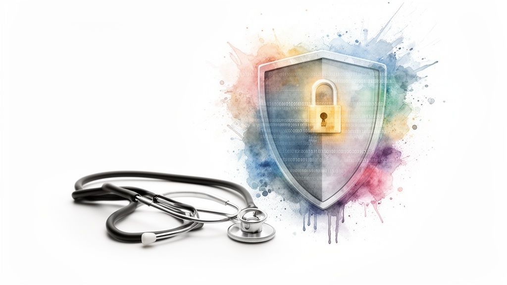 Stethoscope next to a shield with a padlock and binary code, symbolizing healthcare data security and privacy.