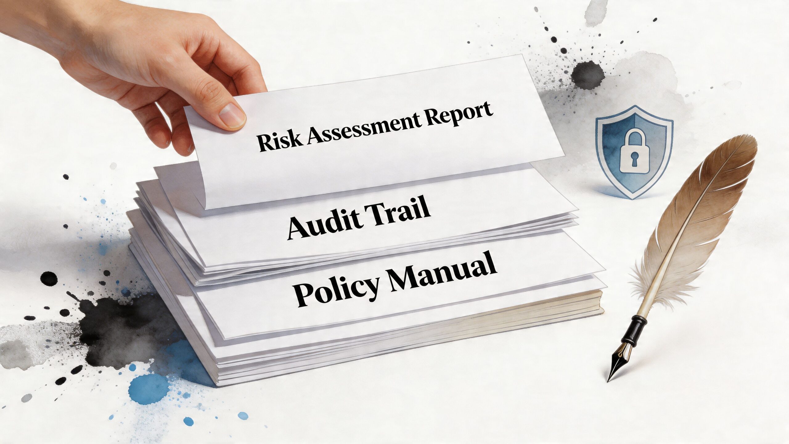 A hand selecting a Risk Assessment Report from a stack of documents alongside a quill and security icon.