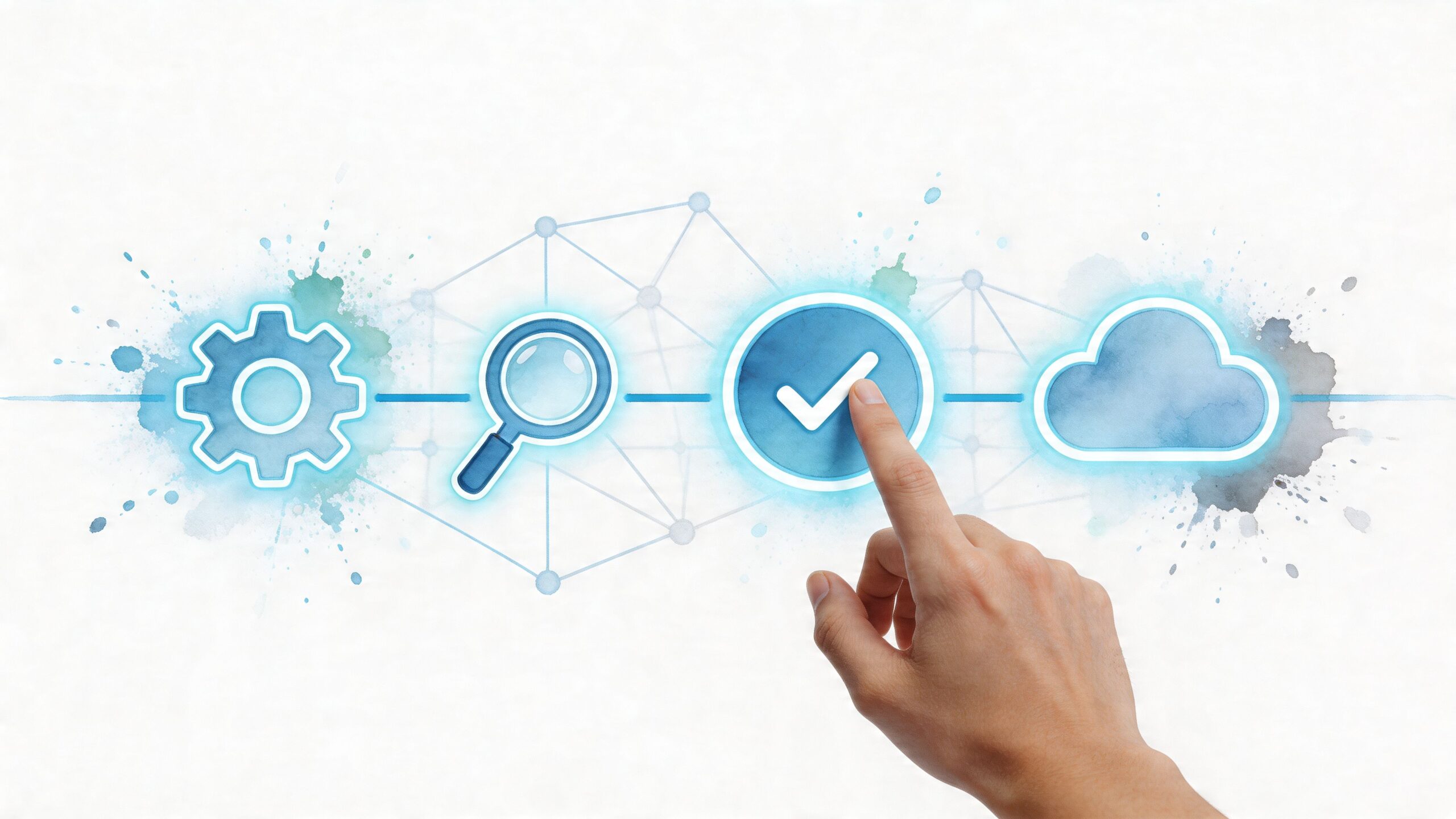 A hand touching a digital checkmark icon representing healthcare software compliance engineering and process validation.
