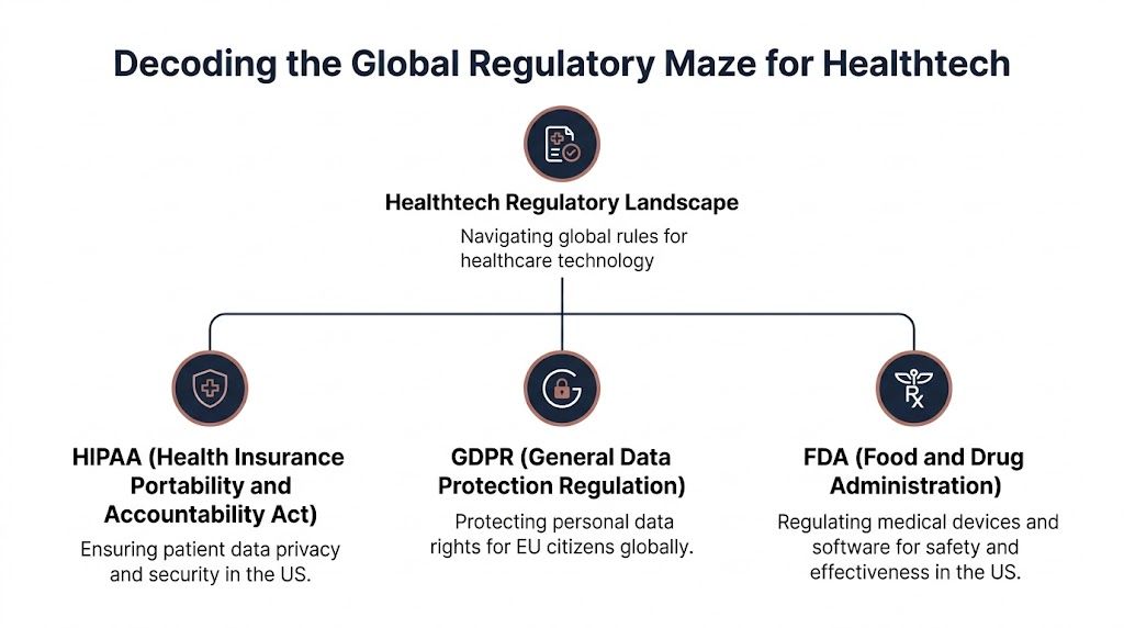 A diagram outlining the regulatory landscape for healthtech, including HIPAA, GDPR, and FDA guidelines.