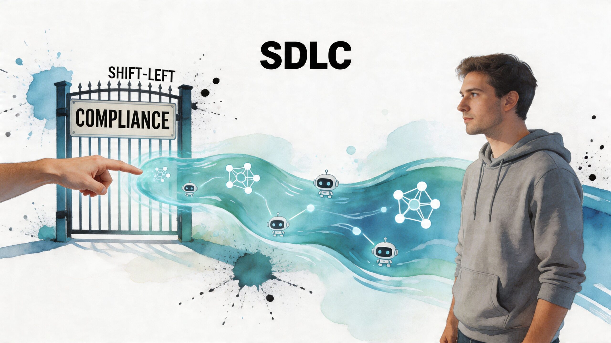 A conceptual illustration showing a person pointing at a compliance gate within an SDLC process workflow.