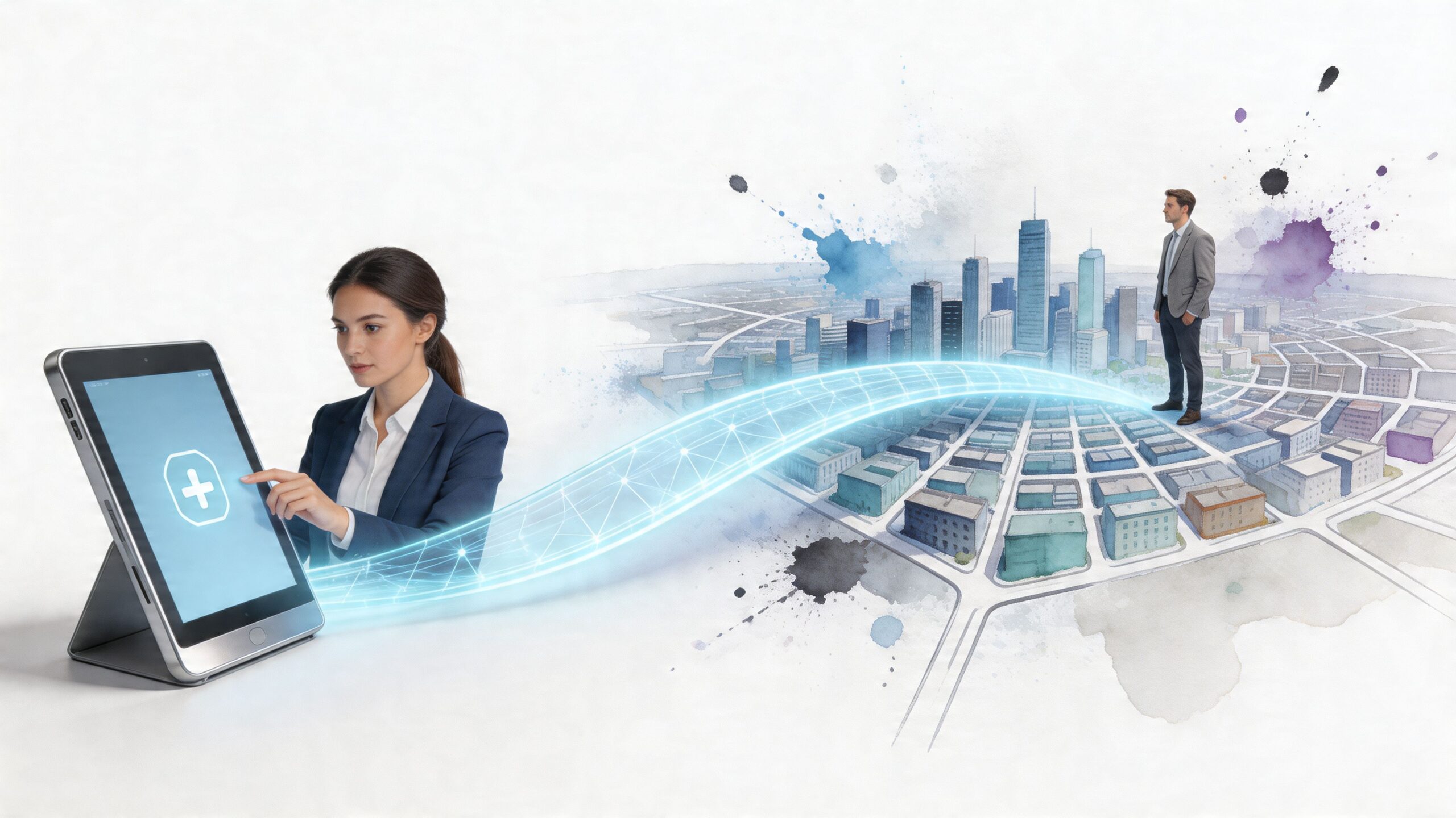 A businesswoman uses a digital tablet to manage healthtech services in a modern city landscape illustration.