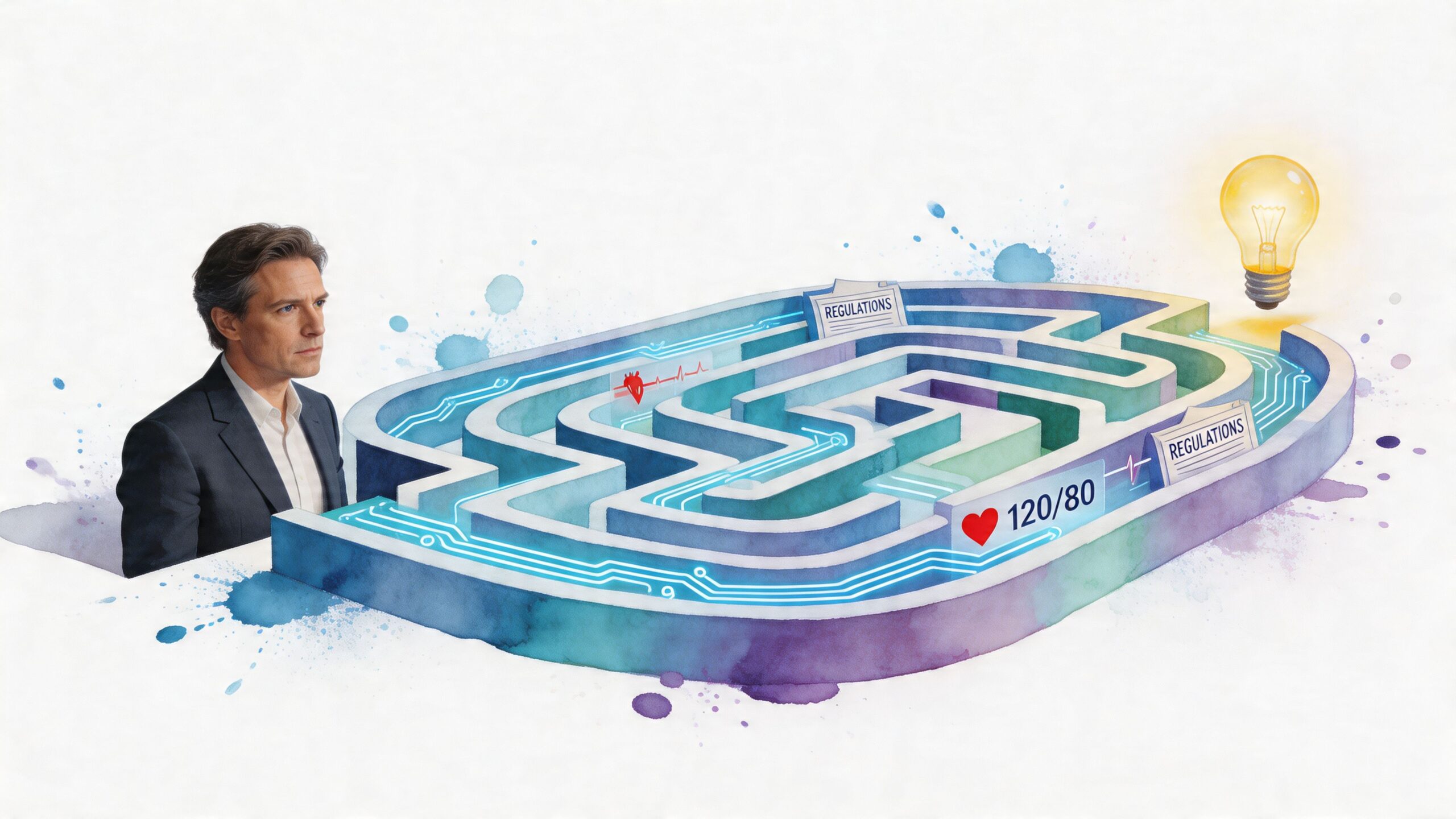 A professional man contemplating a complex maze featuring regulatory obstacles and digital healthcare vital signs icons.