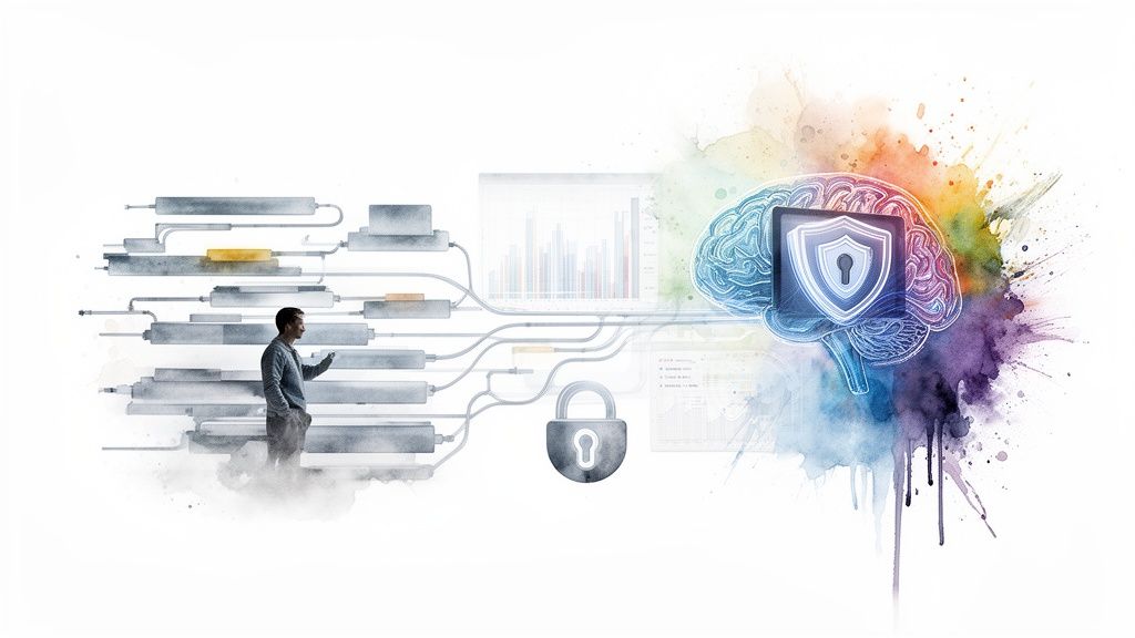 Man interacts with a complex data system, securing health information within a vibrant, intelligent brain.