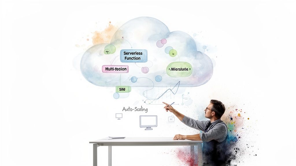 A man pointing at a watercolor cloud diagram illustrating serverless functions, multi-region, and auto-scaling concepts.