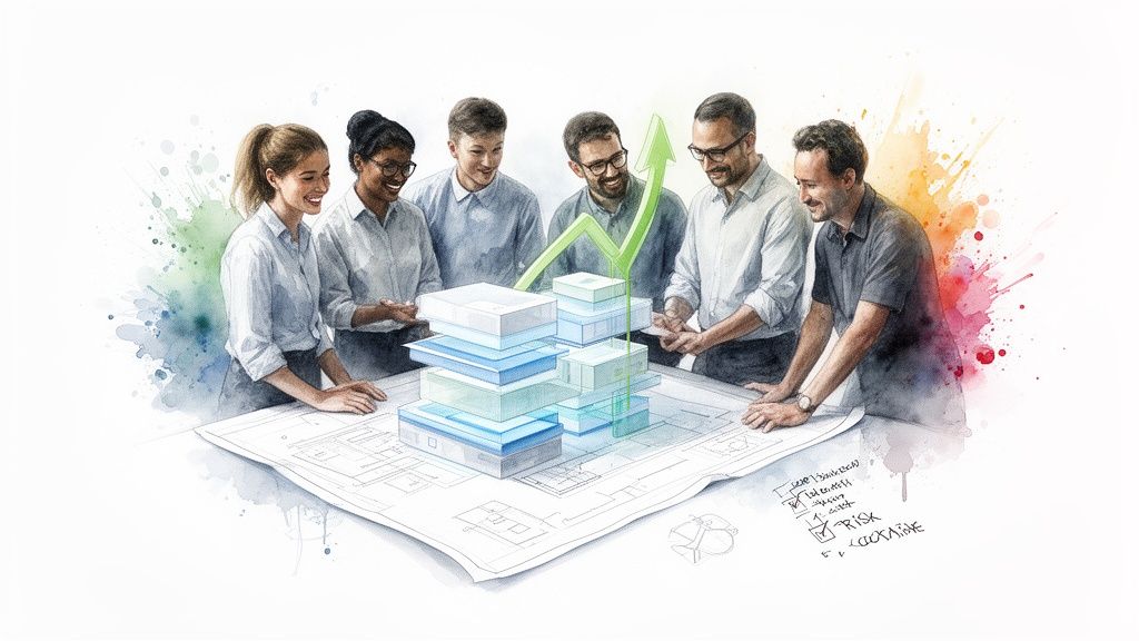 Diverse team collaborating on a blueprint with rising data blocks and an upward growth arrow.