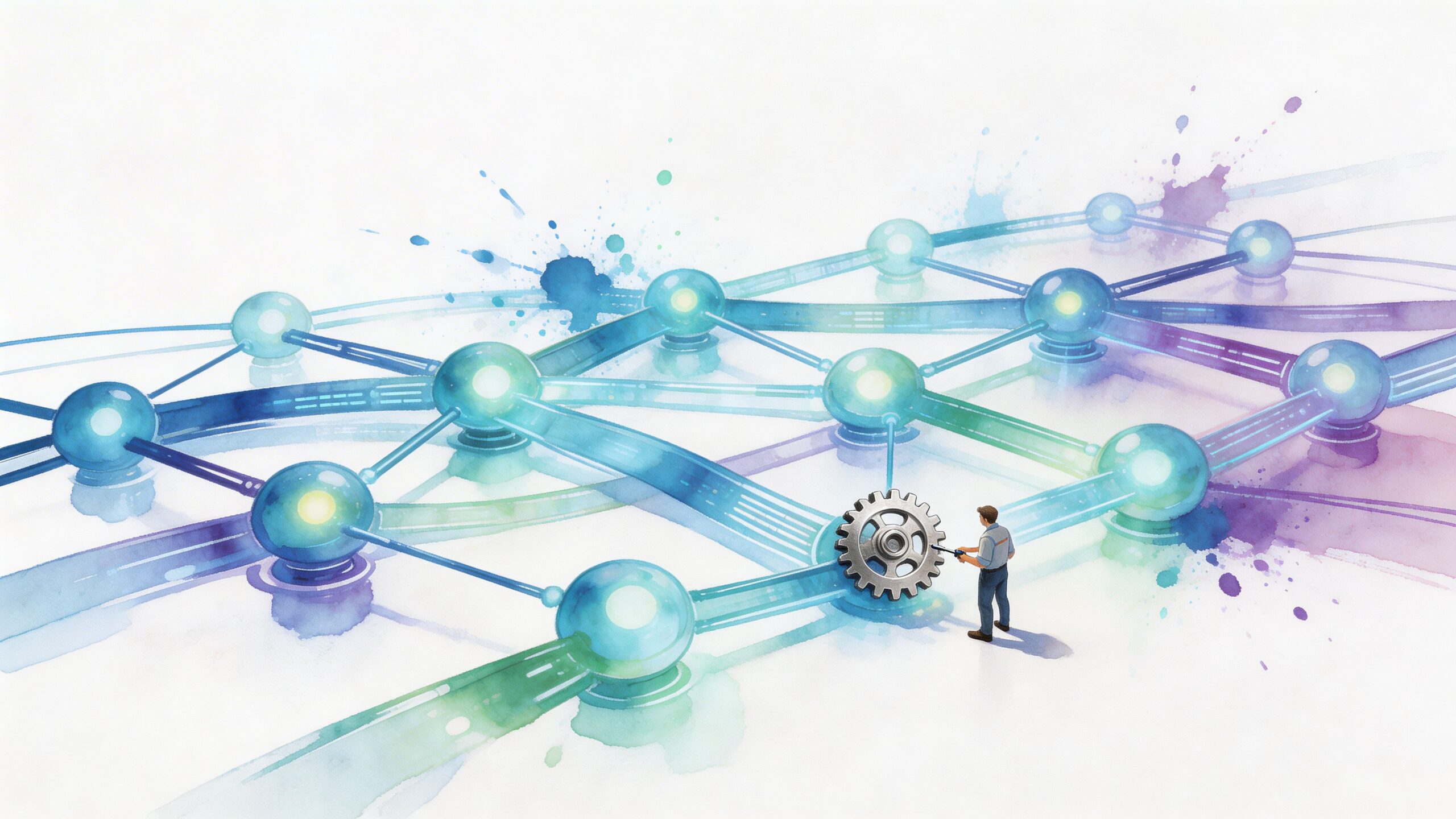 A conceptual illustration of a person adjusting a gear within a digital network of interconnected light spheres.
