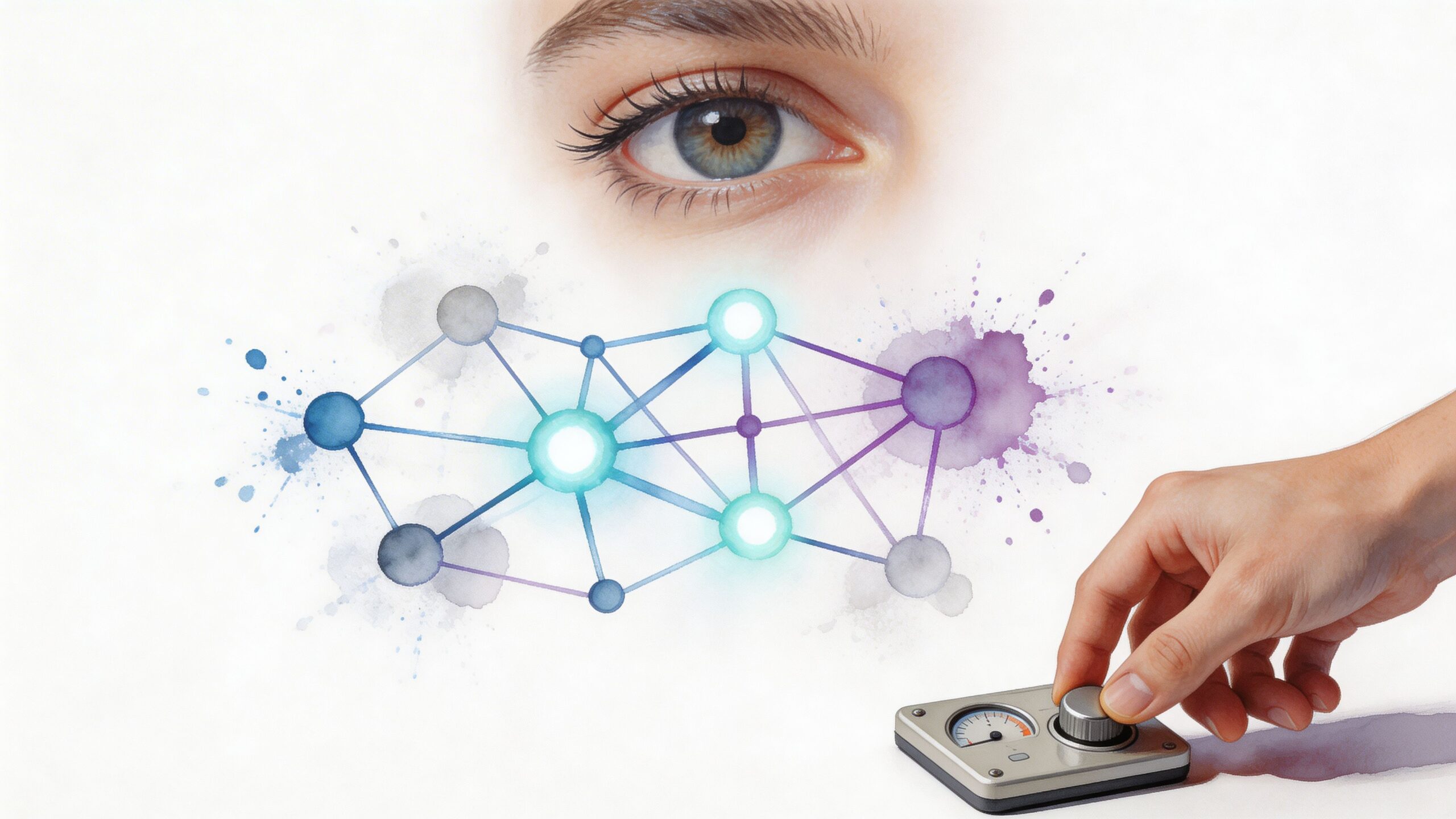 A human hand adjusts a control dial while an eye watches a digital network diagram overhead.