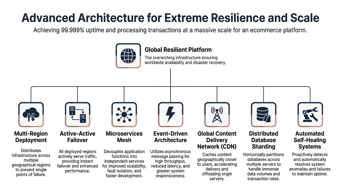 A diagram illustrating an advanced ecommerce platform architecture designed for global resilience and 99.999% system uptime.